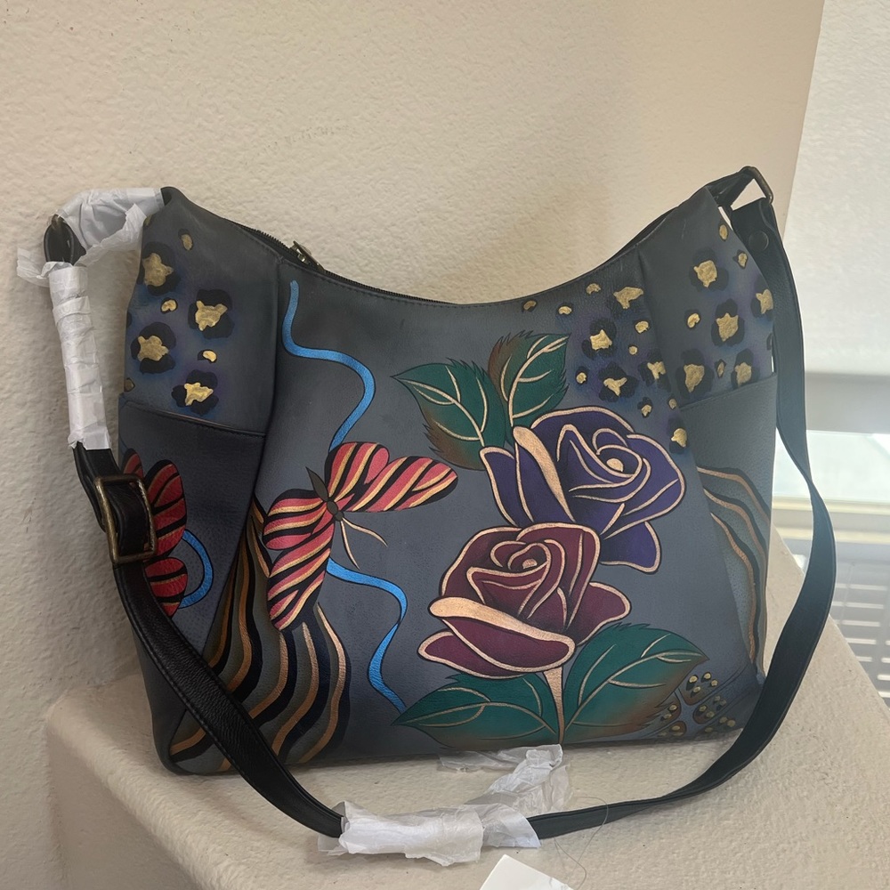 Anna by Anuschka Multi Pocket Safari/Floral/Butterfly shoulder crossbody bag
